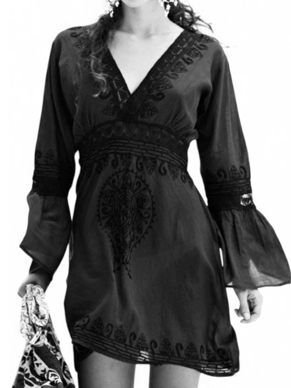 Debbie Katz Cover Up Dress Mini Black Embroidery Peasant Resort Wear Flowy, S